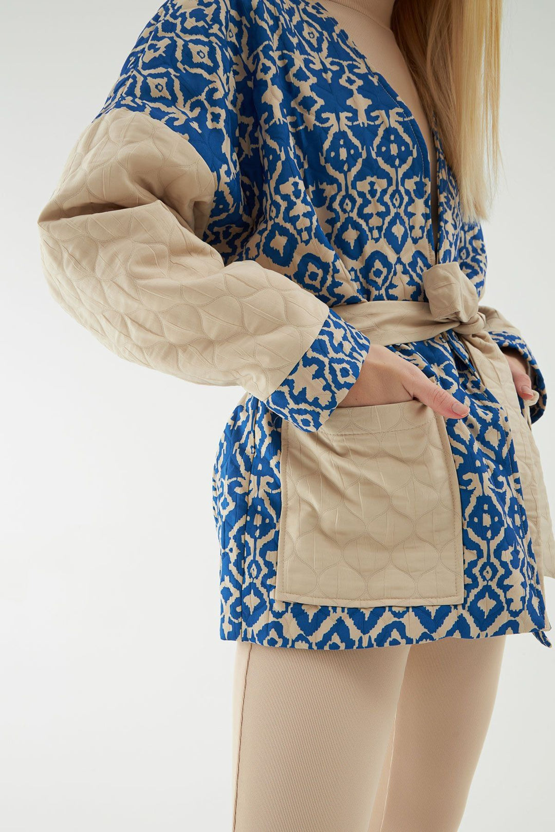 Tie Waist Quilted Jacket Blue