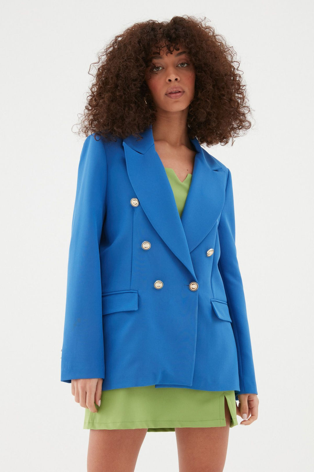 Düğme Detaylı Blazer Ceket Sax