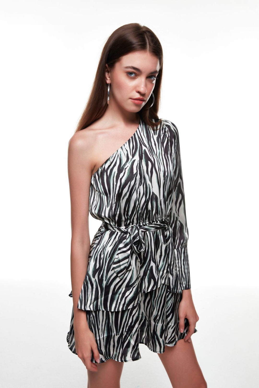 Tie Waist One Shoulder Mini Dress Green