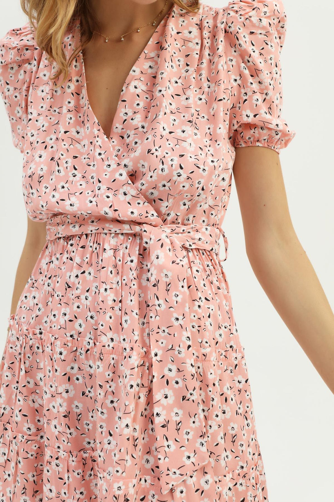 Floral Waistband Double Breasted Dress Pink