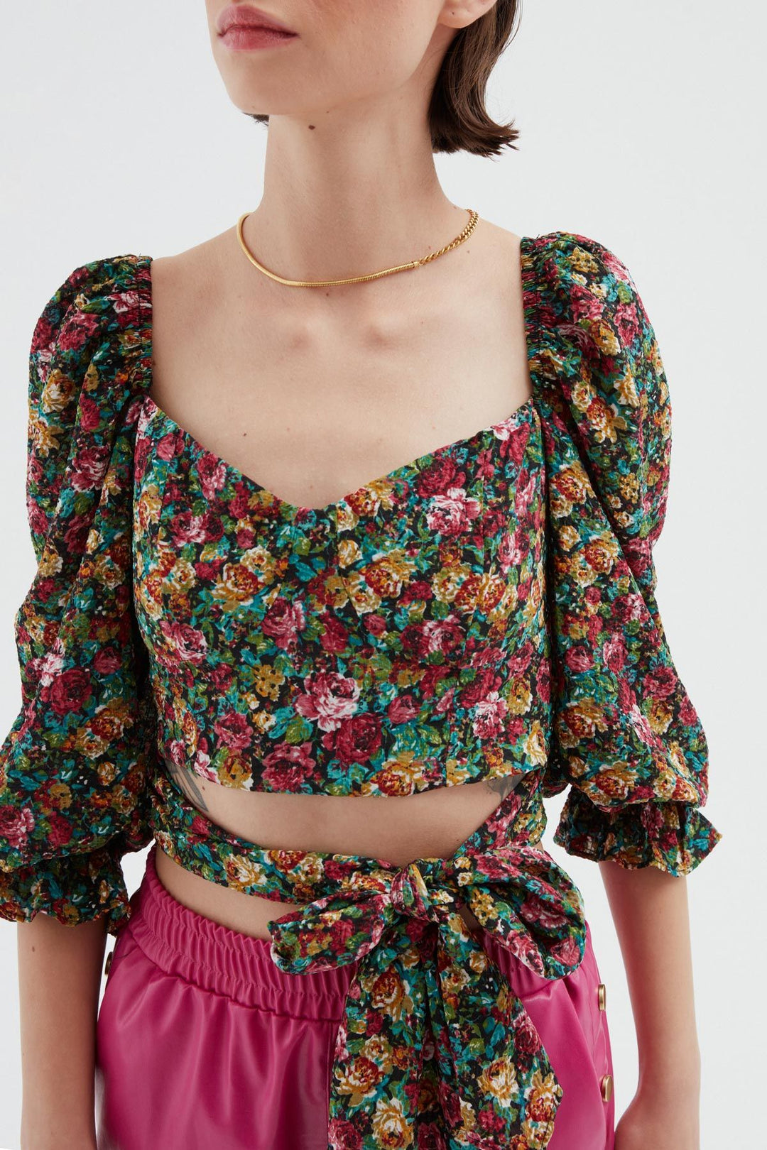 Balloon Sleeve Crop Blouse Green