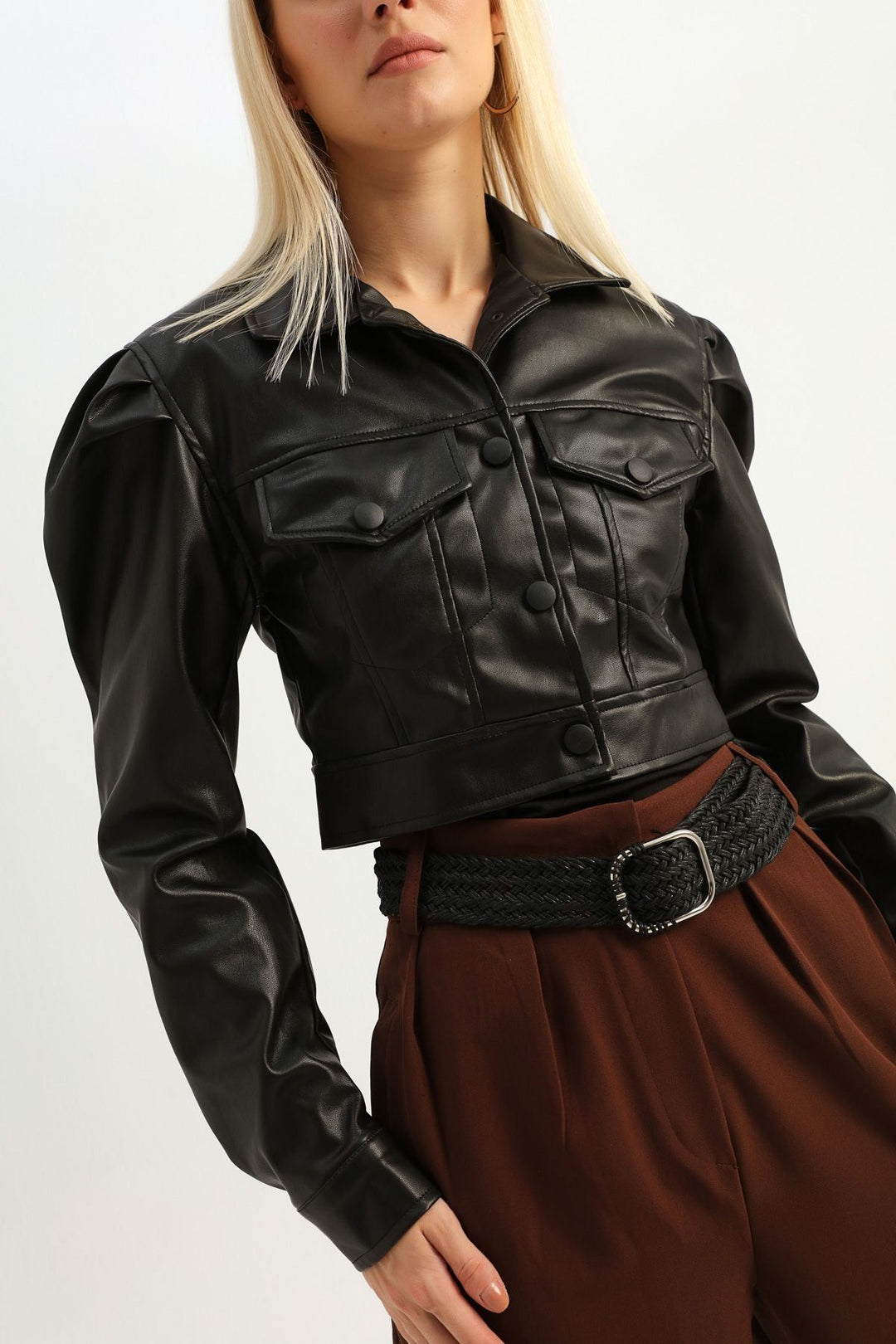 Balloon Sleeve Crop Leather Jacket Black