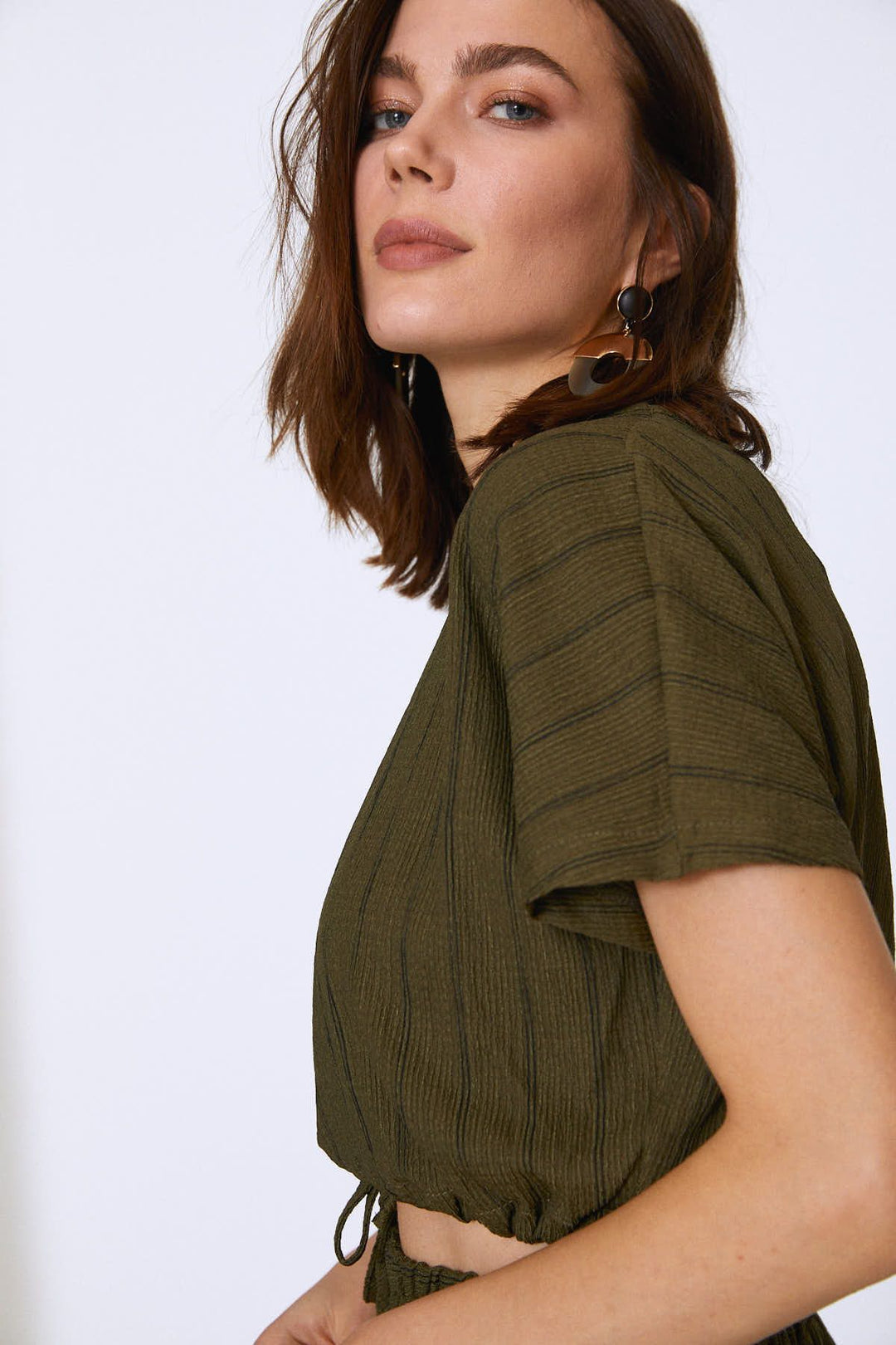 Çizgili Crop Altı Bağlamalı Bluz Haki