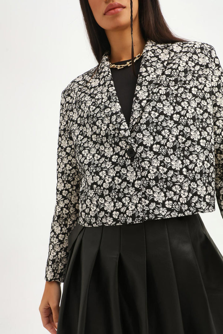 Patterned One Button Blazer Jacket Black