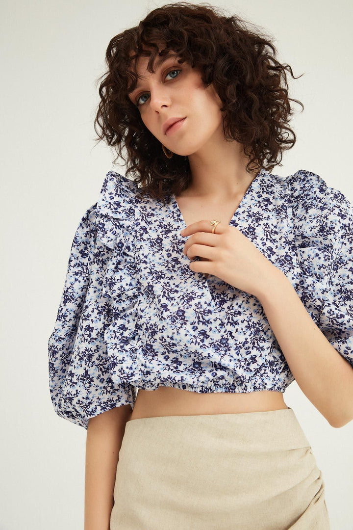 Çiçekli Kruvaze Crop Bluz Mor