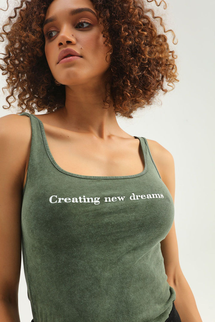 Letter Printed Strap Bodysuit Khaki