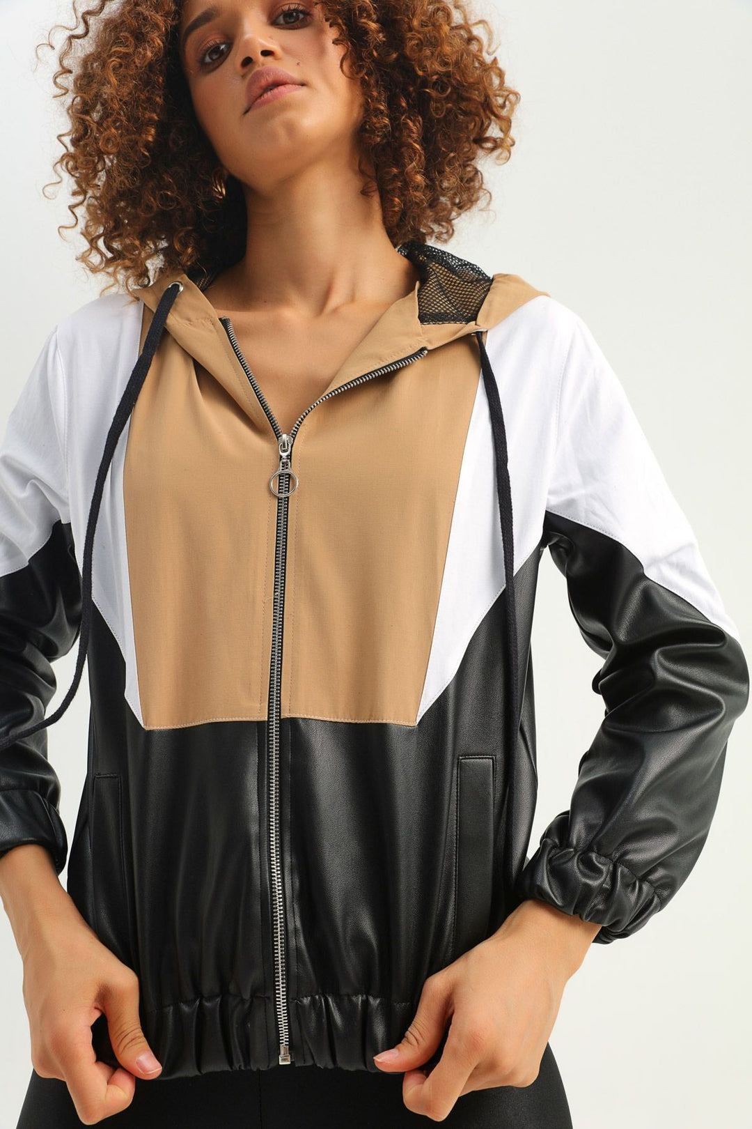 Bloklu Deri Detaylı Bomber Ceket Siyah