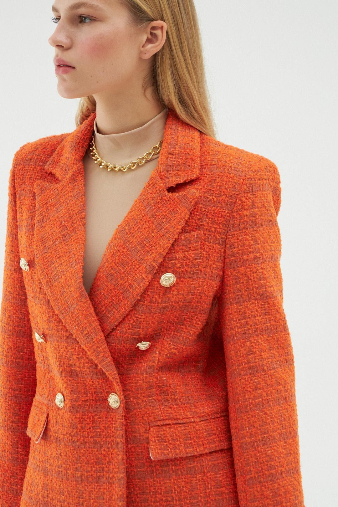 Kruvaze Tüvit Blazer Ceket Turuncu