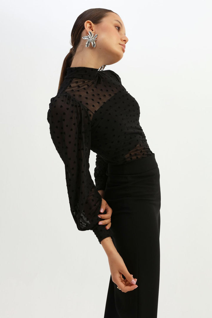 Balloon Sleeve Tulle Blouse Black