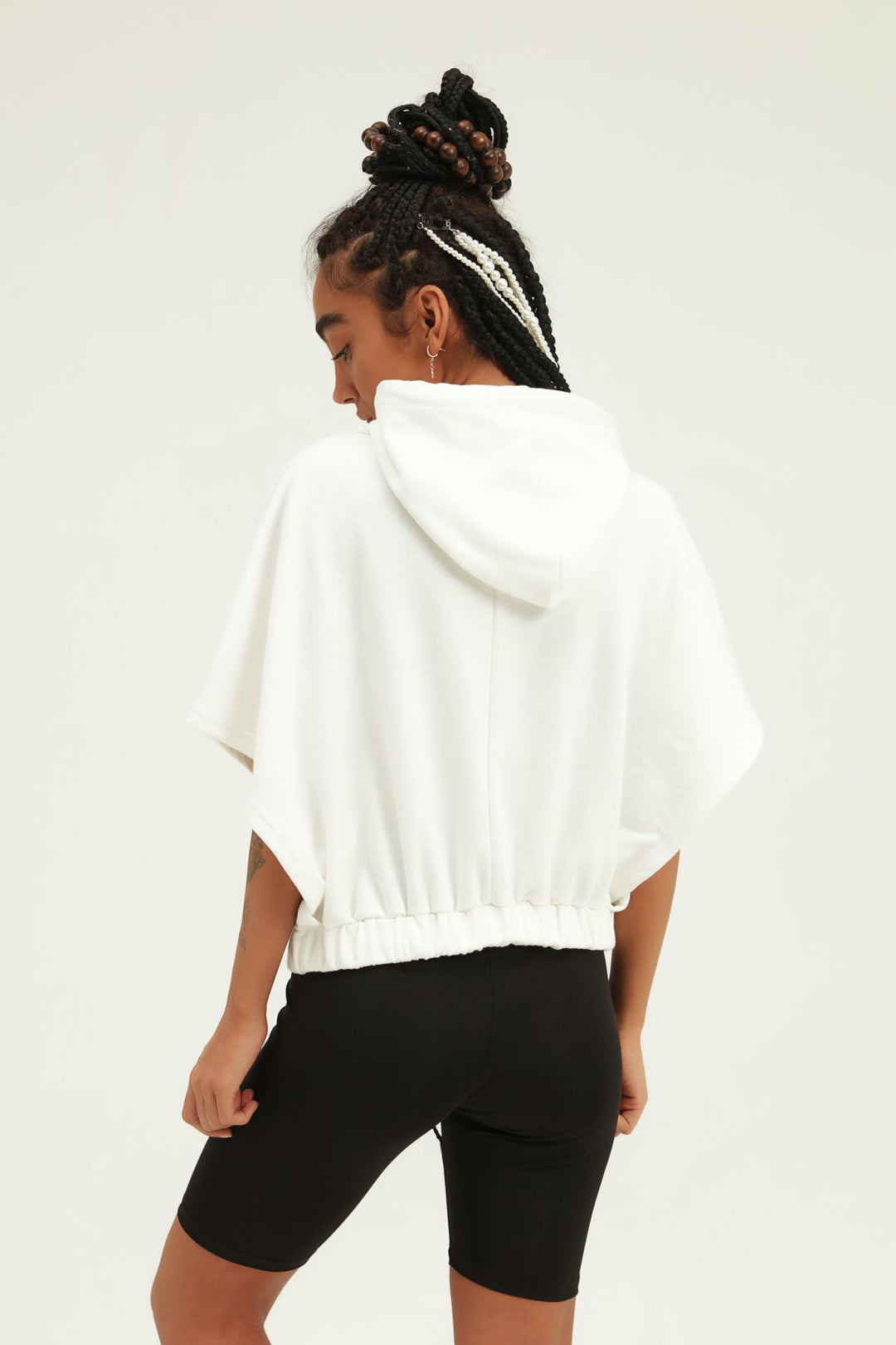 Yarasa Kol Kapüşonlu Sweatshirt Beyaz