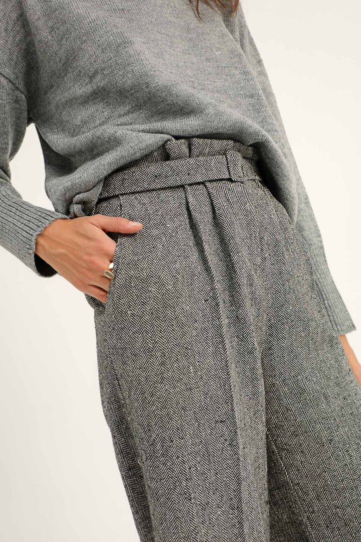 Kemerli Bol Paça Pantolon Gri