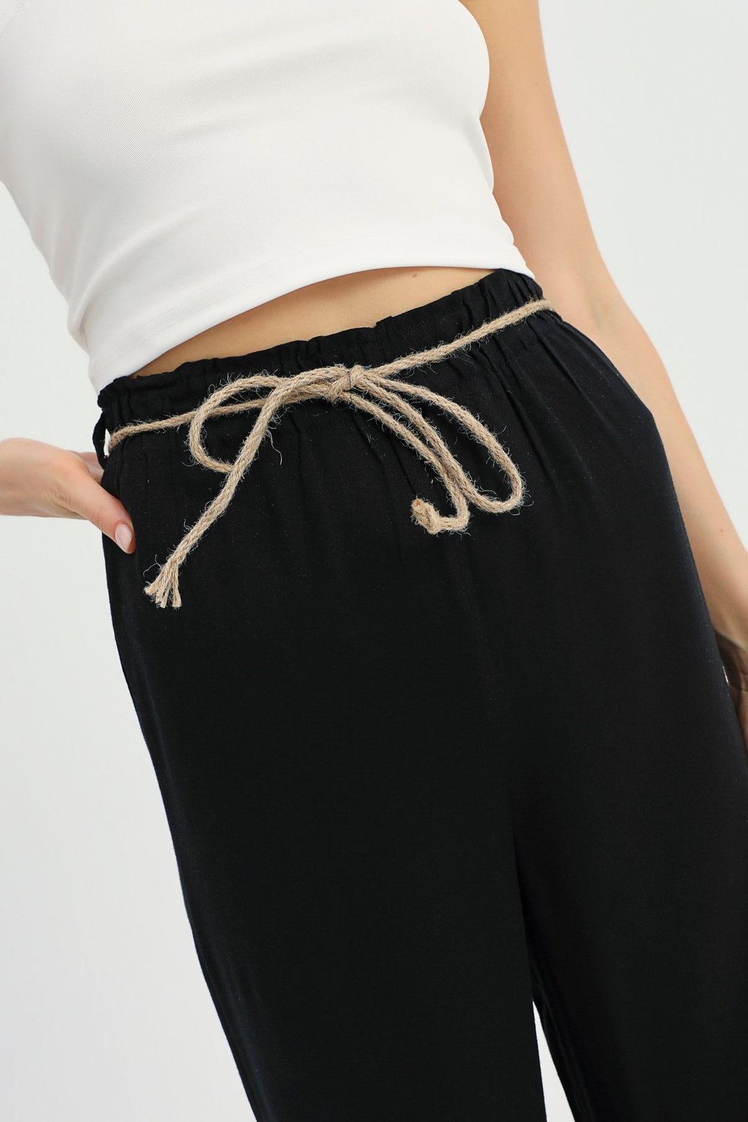 Hasır İp Kemerli Keten Pantolon Siyah