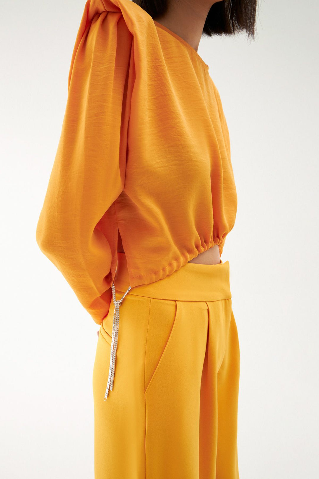 Waist Pleated Waistband Blouse Orange