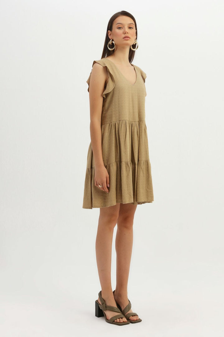 Frilly V Neck Linen Dress Camel
