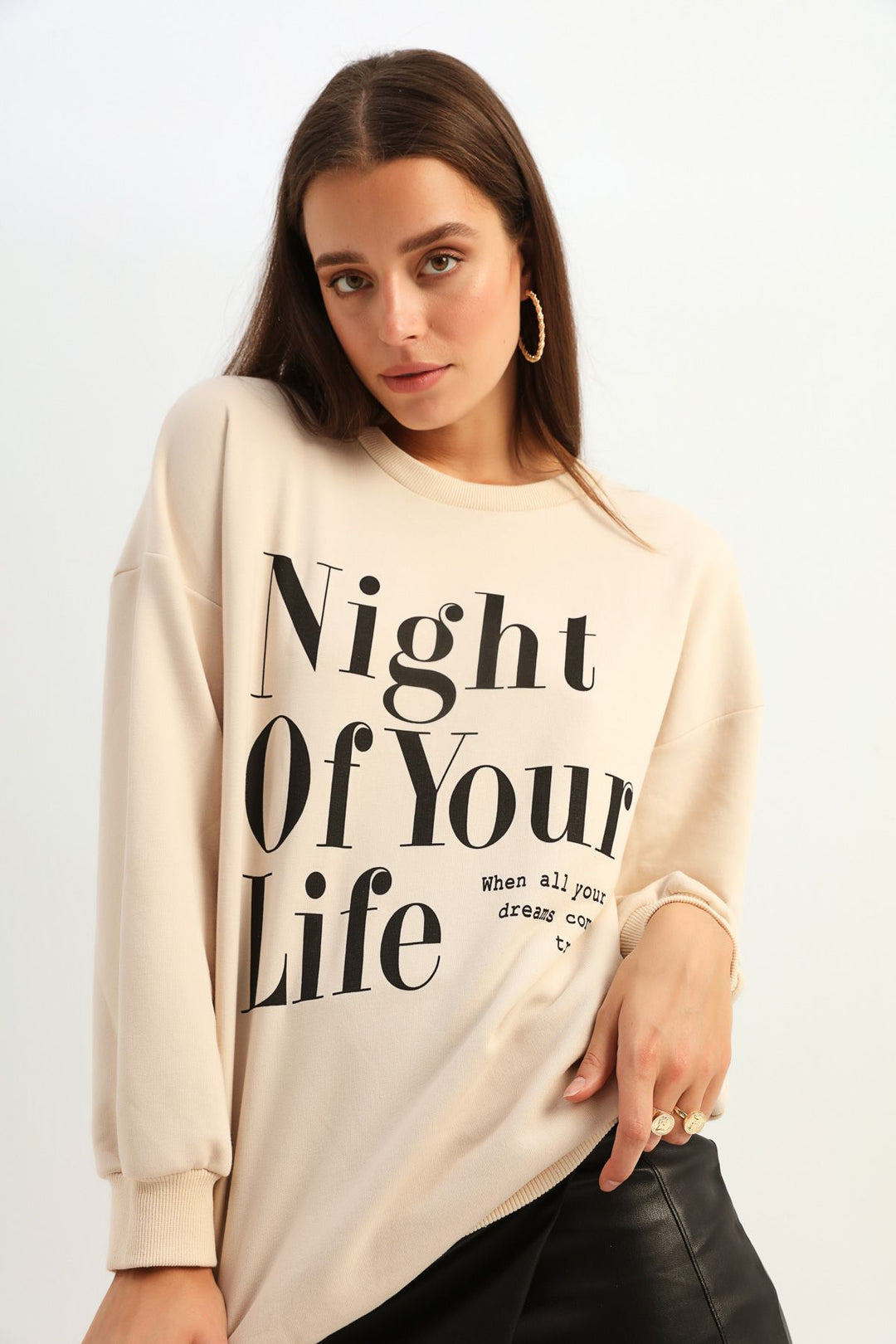 Yazı Baskılı Sweatshirt Bej