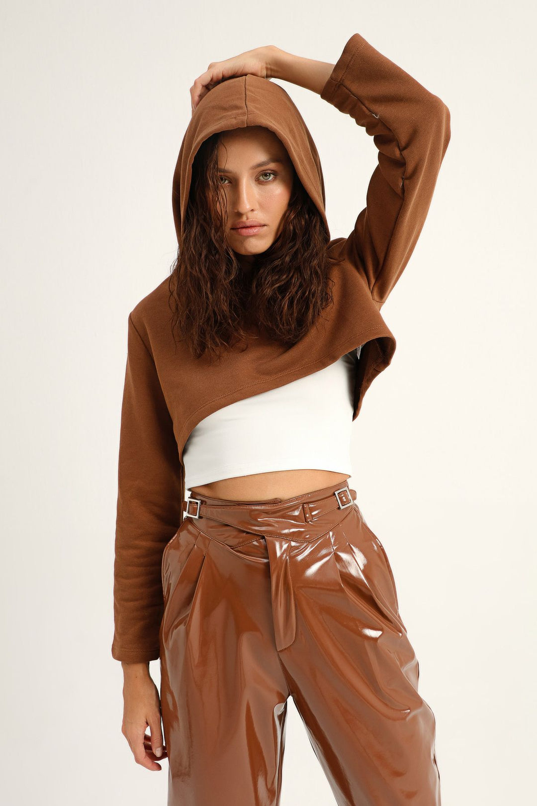 Hooded Crop Sweatshirt Brown