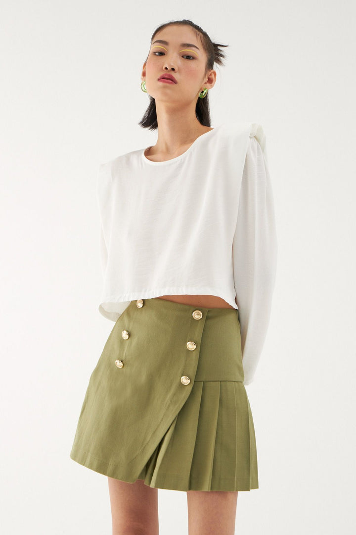Button Detailed Pleated Short Skirt Khaki