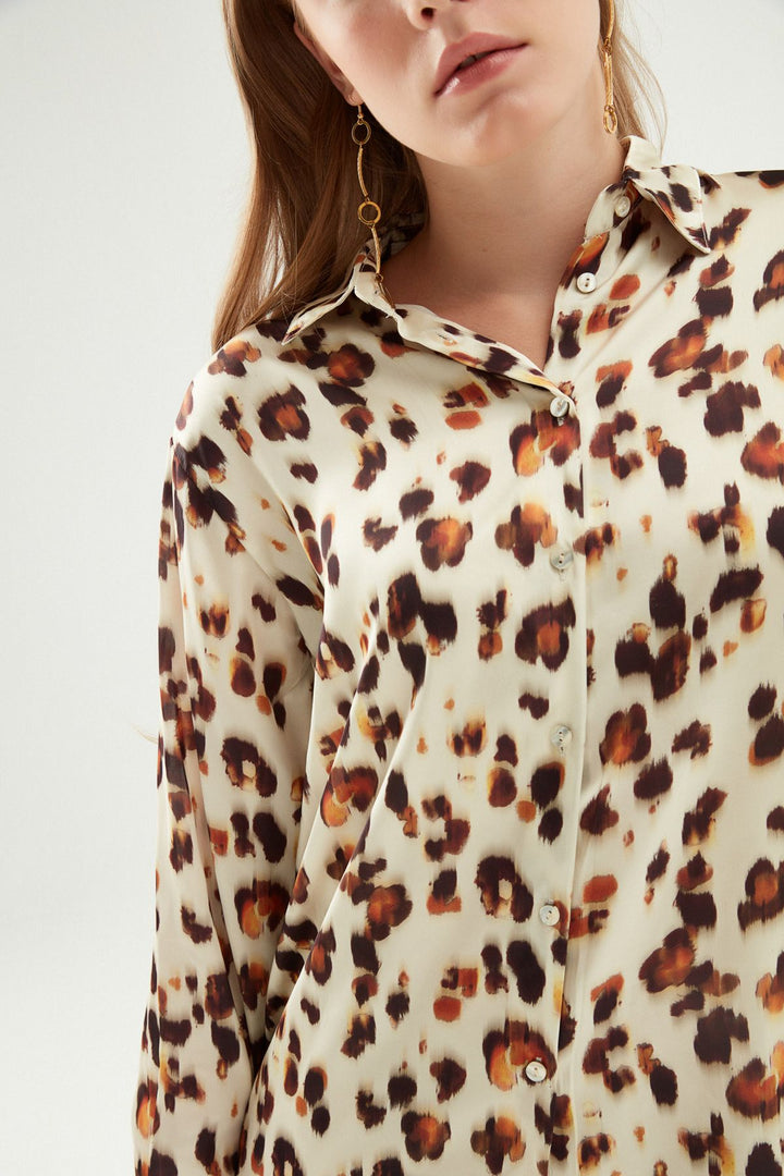 Leopard Patterned Satin Shirt Brown