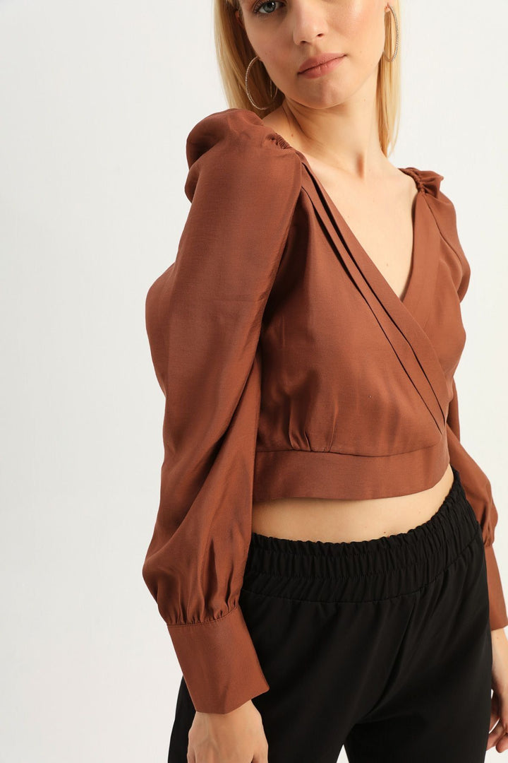 Balon Kol Kruvaze Crop Bluz Kahverengi