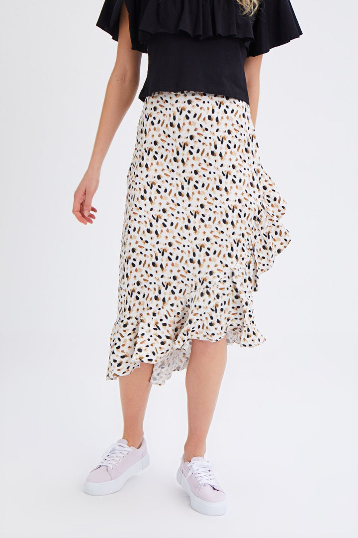 Desenli Volanlı Etek Ekru