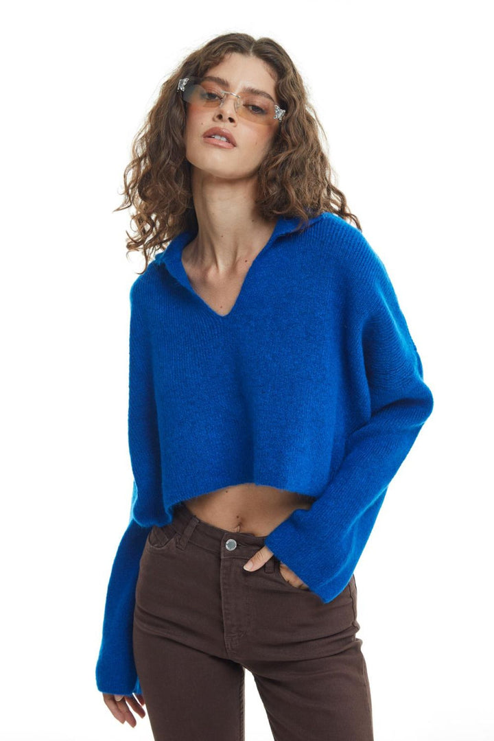 Shirt Collar Crop Sweater Sax