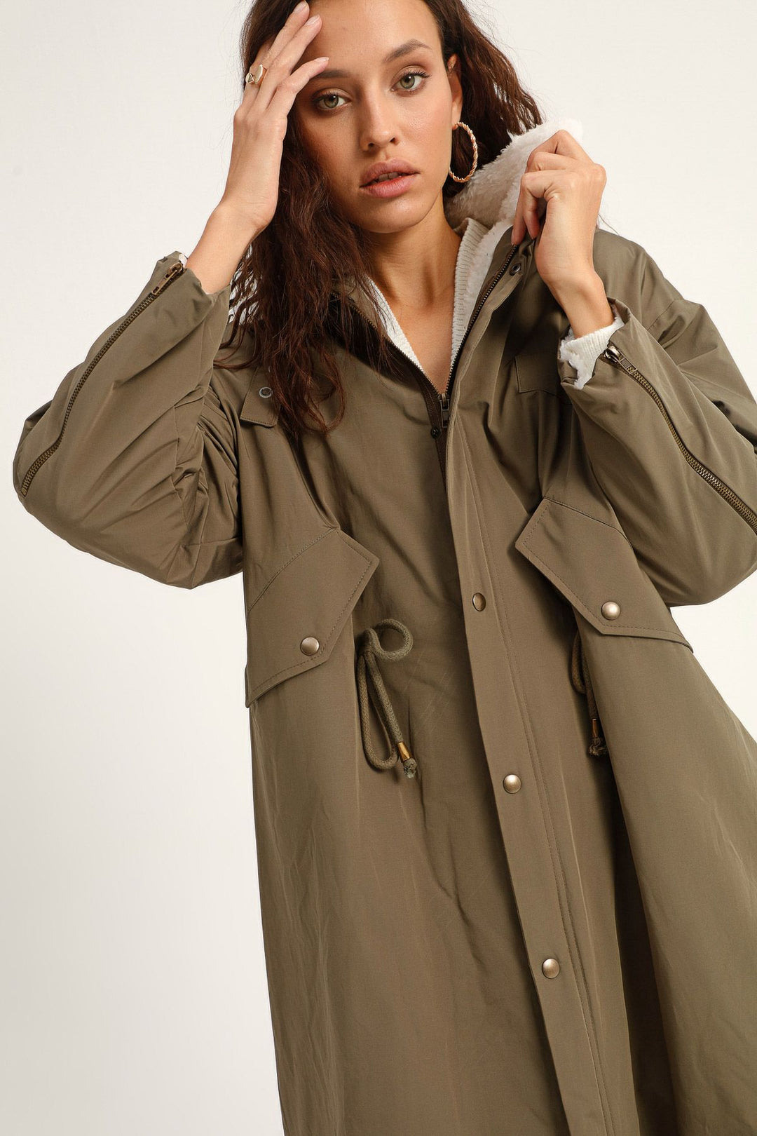 Sheepskin Oversize Long Coat Khaki