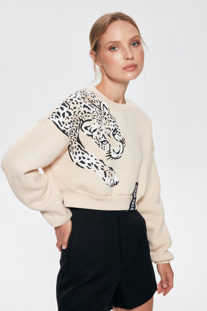 Baskı Detaylı Crop Sweatshirt Açık Bej