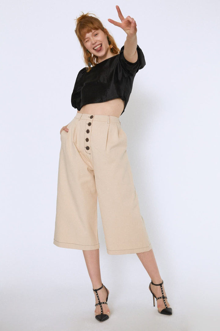 High Waist Front Buttoned Loose Trousers Bone
