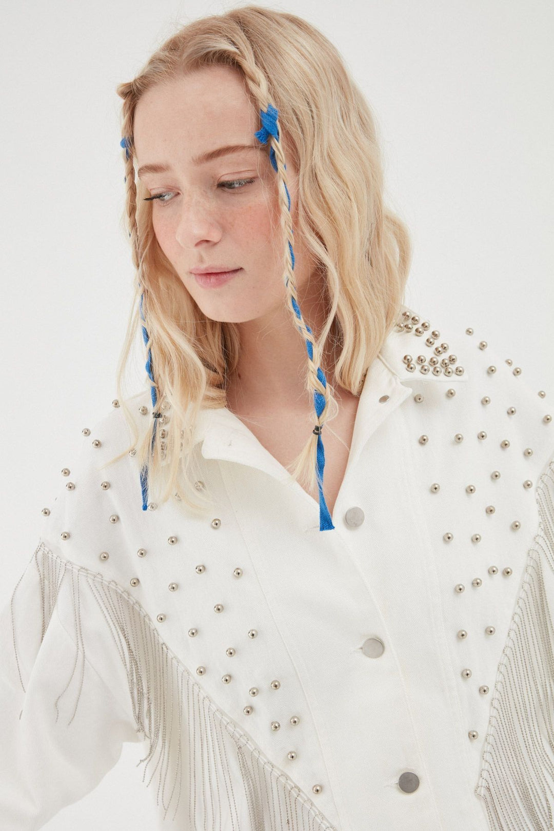 İnci Detaylı Kot Ceket Beyaz