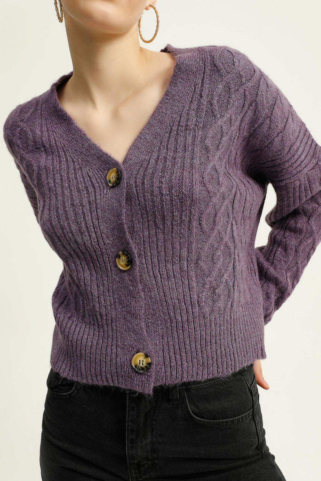 Diamond Pattern Buttoned Cardigan Purple