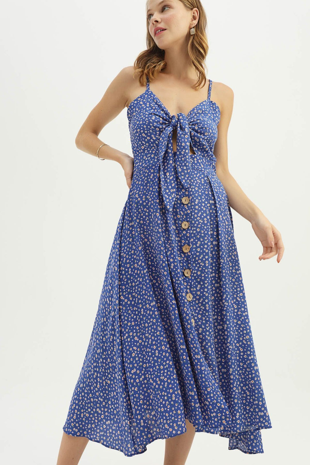 Floral Patterned Front Tied Strap Dress Sax