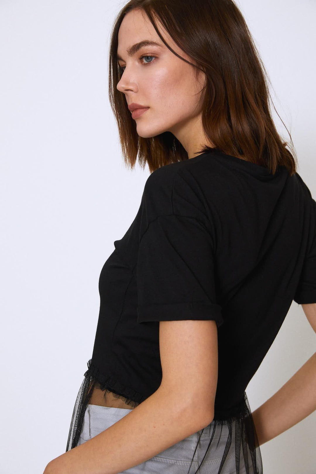 Baskılı Tül Detaylı Tişört Siyah