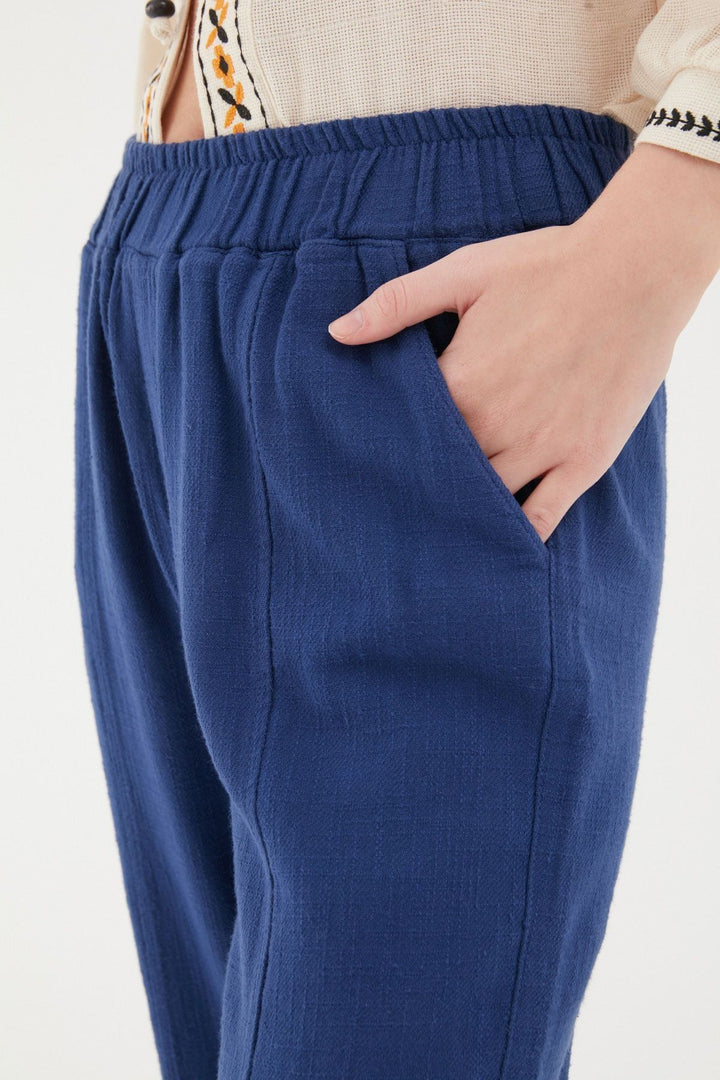 Elastic Waist Pocket Detailed Trousers Navy Blue