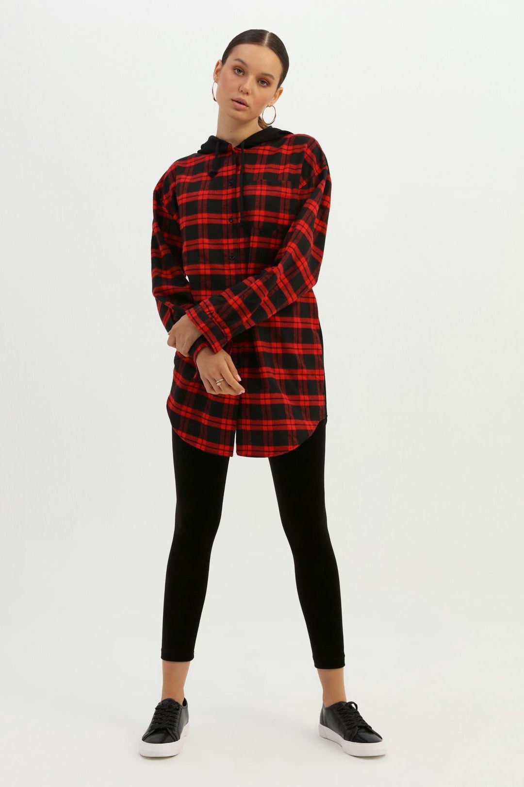 Hooded Back Printed Striped Shirt Red