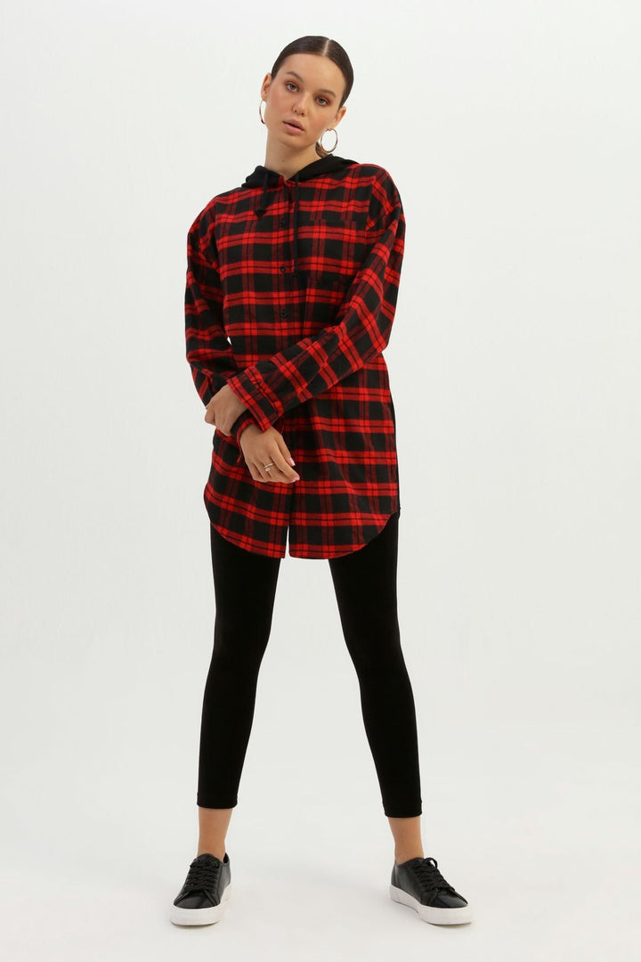 Hooded Back Printed Striped Shirt Red