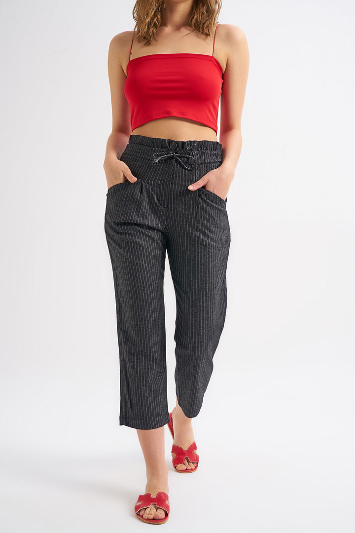 Tie Waist Striped Trousers Anthracite