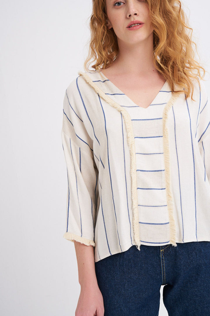 Striped Tassel Detailed V-Neck Blouse Indigo