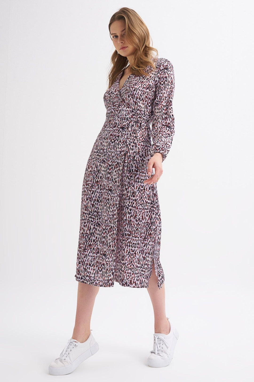 Patterned Slit Detailed Wrapped Dress Lilac