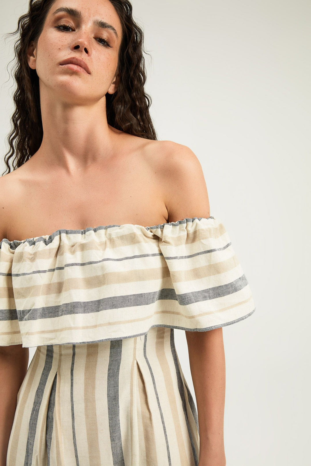 Striped Ruffle Linen Dress Beige