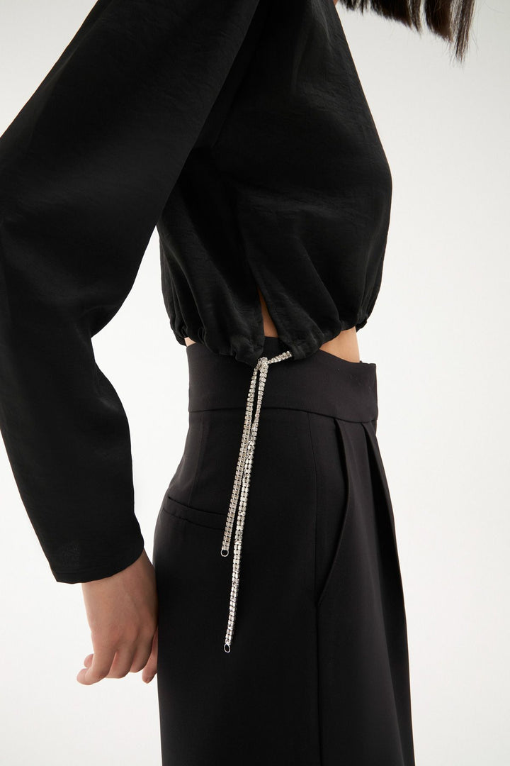 Waist Pleated Waistband Blouse Black