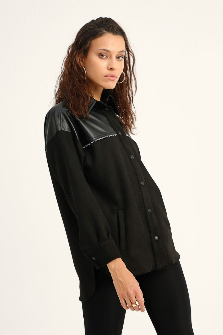 Zincir Detaylı Deri Garnili Gömlek Siyah