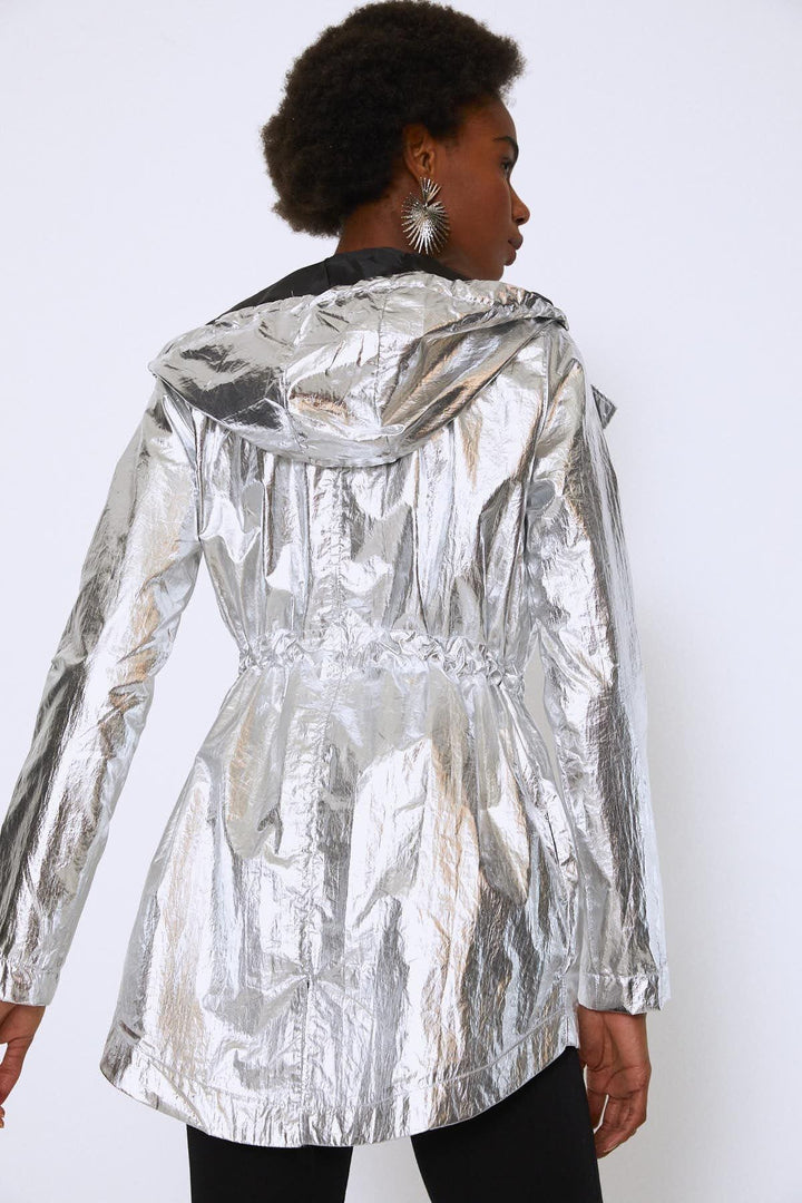 Hooded Shiny Raincoat Silver