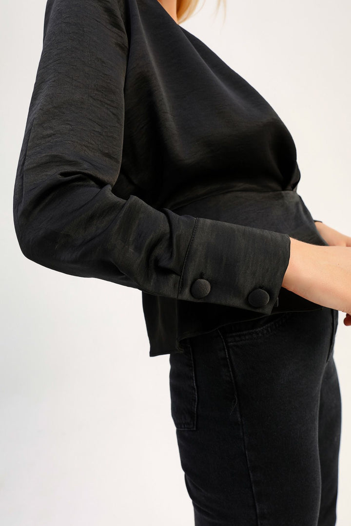 Tek Omuz Kruvaze Bluz Siyah