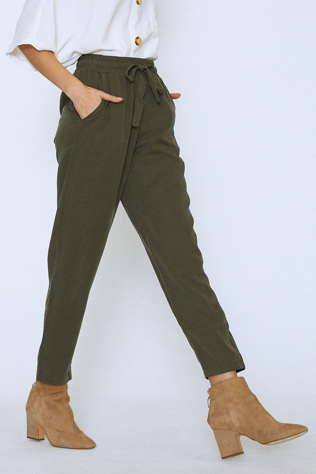 Beli Lastikli Kuşaklı Casual Pantolon Haki