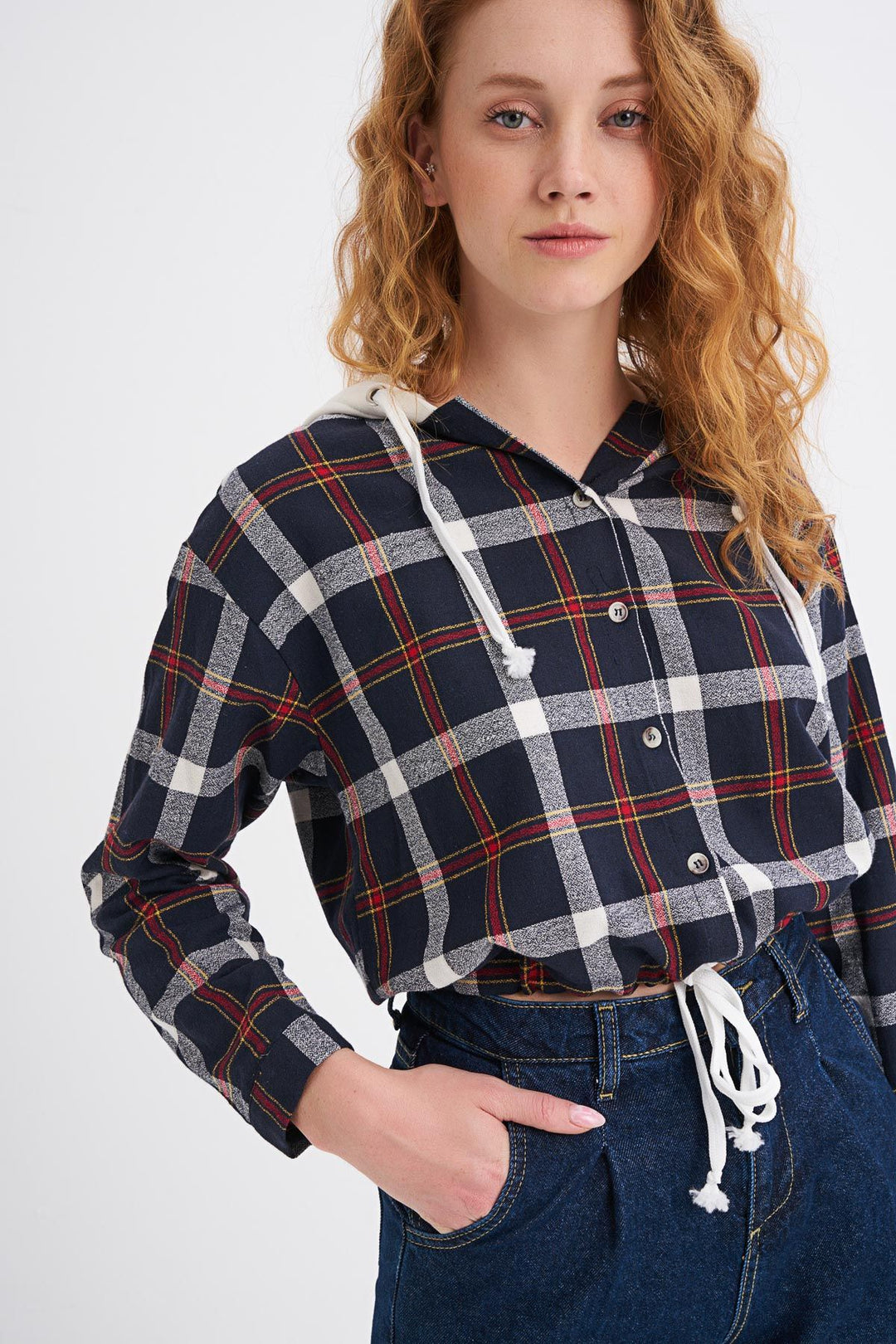 Kapüşonlu Ekose Gömlek Lacivert