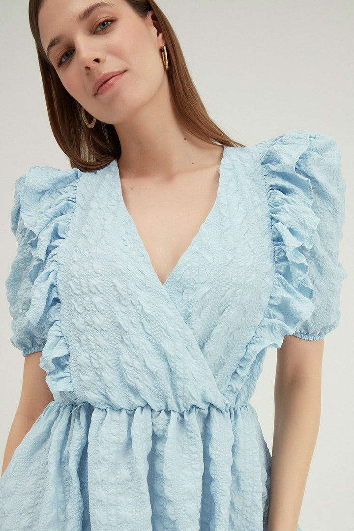Double Breasted Balloon Sleeve Mini Dress Baby Blue