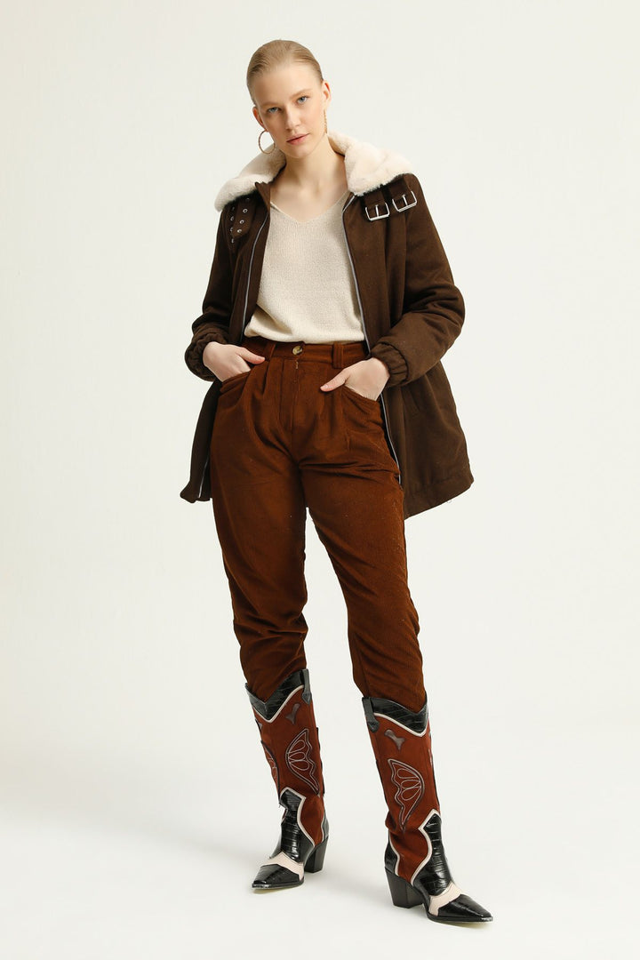 Furry Collar Zippered Coat Dark Brown