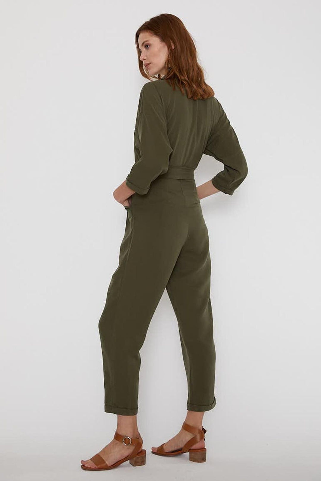 Beli Kuşaklı V Yaka Tulum Haki