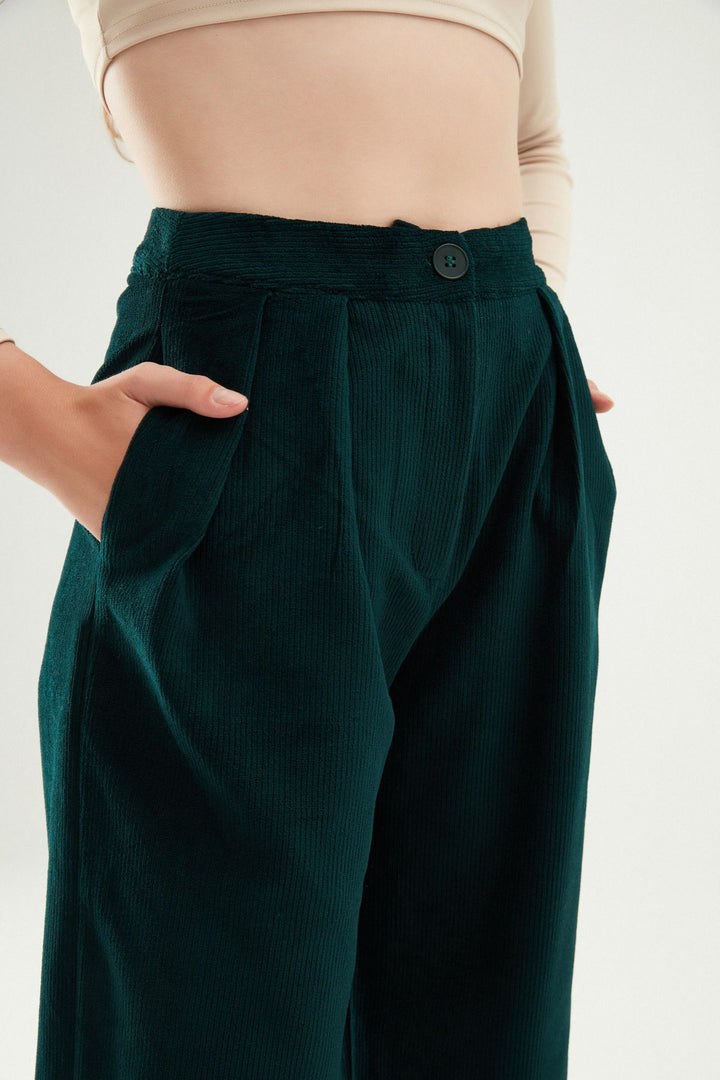 Pleated Velvet Trousers Dark Green
