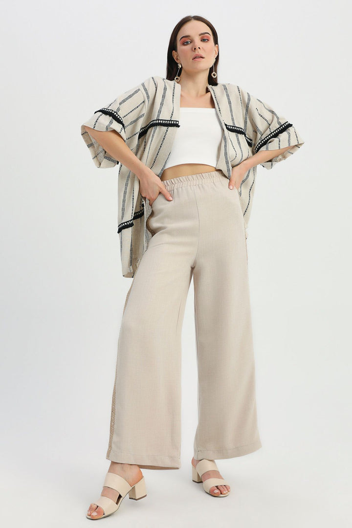 Desenli Şerit Detaylı Keten Kimono Naturel